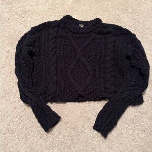 Free People Cropped Black Cable Knit Sweater